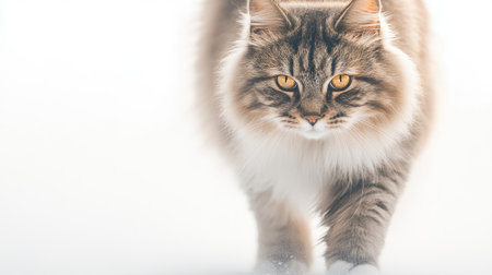A majestic fluffy Siberian cat walking gracefully towards the camera. With striking eyes and a smooth coat, this feline embodies beauty and tranquility in a winter setting.の素材