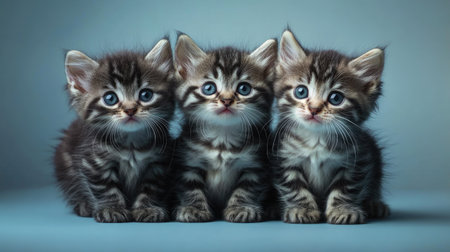 This captivating image features a trio of charming black curl kittens sitting together. Their adorable expressions and sparkling eyes convey a sense of playfulness and innocence, making this a perfect shot for animal lovers.の素材