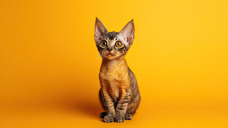 Adorable Devon Rex kitten with golden eyes sits against a vibrant yellow background, showcasing its playful spirit and charming expression. Perfect for pet lovers!の素材