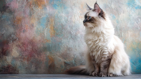 A charming fluffy cat with soft fur poses gracefully against a beautiful artistic background, exuding tranquility and elegance. Perfect for pet lovers.の素材
