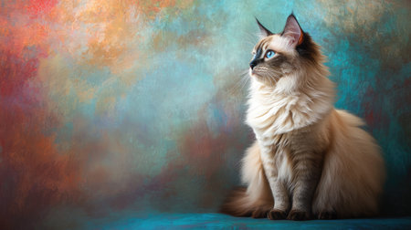 A serene portrait of a fluffy cat with striking blue eyes, set against a vibrant and colorful background, capturing the essence of tranquility and beauty in nature.の素材