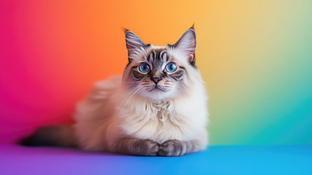 A stunning cat poses elegantly against a vibrant gradient backdrop, showcasing its beautiful blue eyes and fluffy fur in an artistic studio setting.の素材