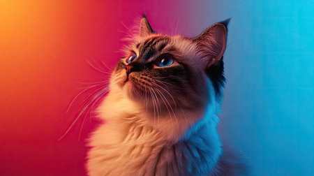 A stunning portrait of a cat, elegantly posing against a vibrant gradient background. The captivating colors enhance the cat's expressive features and soft fur.の素材