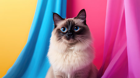 A charming cat poses gracefully in a vibrant studio setting. Featuring a delightful mix of blue and pink backgrounds, this image captures the playful and curious nature of this fluffy pet.の素材