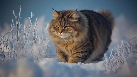 A majestic Siberian cat gracefully walks through a snowy landscape, showcasing its fluffy fur and determined expression in a serene winter environment.の素材