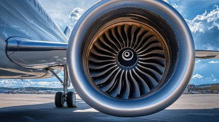A close-up of an airplane's powerful jet engine, with intricate details of the turbine blades visible, capturing the engineering marvel of modern aviation.の素材