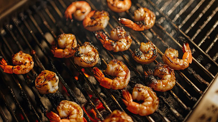 A top-down view of a barbecue grill with shrimp sizzling on the grates, capturing the cooking process and the vibrant color of the shrimp as they cookの素材