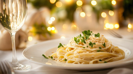 A plate of fresh tagliatelle pasta served with a classic creamy Alfredo sauce, sprinkled with fresh parsley and parmesan.の素材