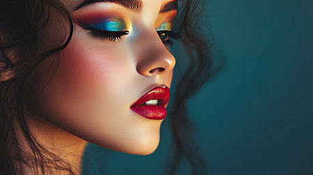 A woman with striking, colorful makeup, featuring a blend of vibrant eyeshadows and a bold lip color, highlighting her artistic expression and confidence.の素材