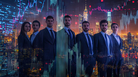 Business team posing in front of a cityscape with a transparent forex chart overlaid. Double exposure effect illustrating the connection between trade and financial markets.の素材