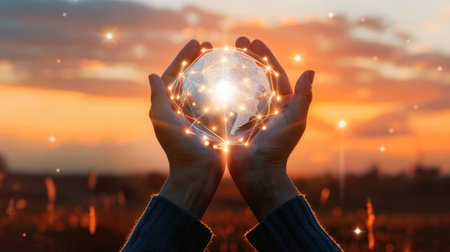 Global network connection and a globe in hands on sunset background, representing the unity of global networks with this inviting photo.の素材