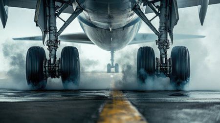 A detailed view of an airplane's landing gear as it touches down on the runway, with smoke rising from the tires, showcasing the precision and strength of the machinery.の素材