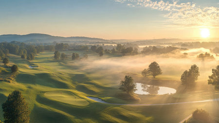 A panoramic view of a golf course at sunrise, with mist hanging over the fairways and golfers starting their round, creating a serene and picturesque scene.の素材