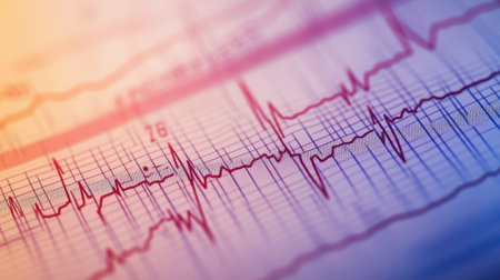 A close-up of a paper ECG strip with clear heartbeat patterns and medical annotations, used for diagnosing and monitoring heart conditions in a clinical setting.の素材