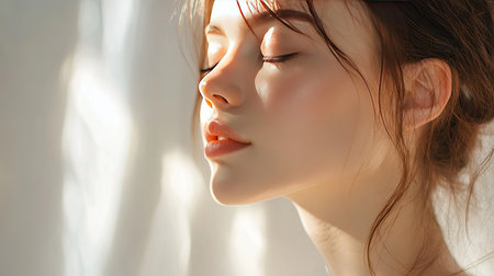 A woman with radiant, glowing skin and soft, natural makeup, standing in a sunlit room, her beauty accentuated by the gentle light and minimalistic background.の素材