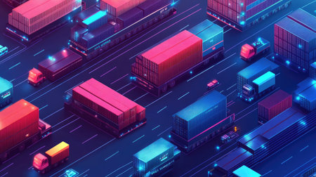 Modern logistics and transportation network with container cargo ships and trucks. Illustration of smart distribution and growth in the industrial sector.の素材