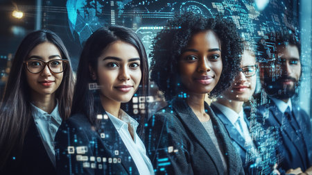 Multicultural business team with digital tech elements and data visualizations around them. Wide-angle visual ideal for promoting internationalの素材