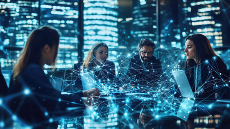 Group of businesspersons focused on network expansion and HR strategies. Digital network and connectivity visuals in the background,の素材