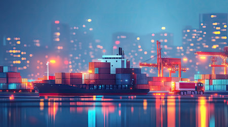 Transportation and logistics network growth concept. Container cargo ship and delivery trucks depicted in an industrial setting, emphasizing smart logistics solutions.の素材