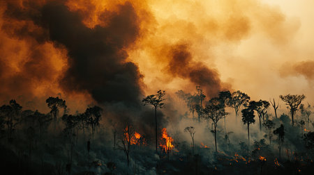 Thick black smoke rising from a burning forest, with trees silhouetted against a hazy, orange sky. The intensity of the fire is evident from the dense plumes of smoke.の素材