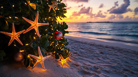 A festive scene with Christmas decorations, including starfish ornaments, hanging garlands, and a glowing tree on a white sandy Maldives beach.の素材