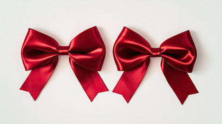 A flat lay of two beautiful red ribbons crossing each other on a clean white background, showcasing their shiny texture and luxurious appearance.の素材