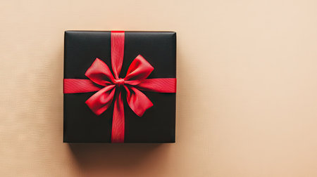 A modern and stylish black gift box with a bold red bow, perfectly captured against a neutral background, symbolizing celebration.の素材