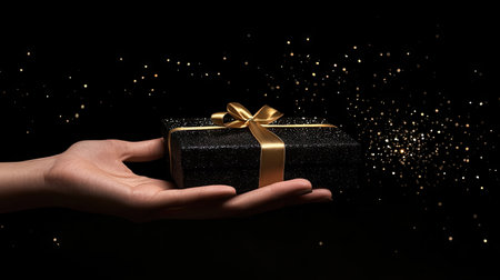 A minimalistic composition of a hand offering a black gift box with a yellow satin ribbon, over sparkling gold sequins on a black background with space for text.の素材