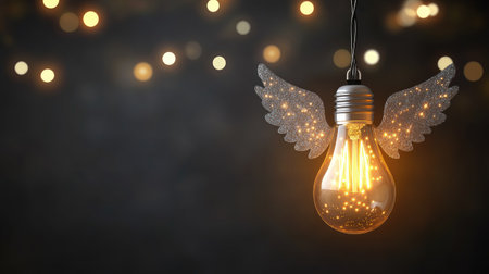 A glowing LED light bulb designed as a Christmas angel garland string, isolated on a transparent background, perfect for New Year and holiday decorの素材