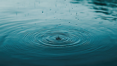A peaceful blue water surface with rain drops falling, creating perfect concentric ripples, ideal for serene water-themed photographyの素材