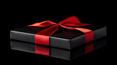 A glamorous black gift box with a striking red bow, positioned on a reflective dark surface, evoking sophistication and festivity.の素材
