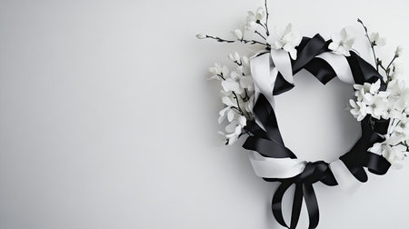 A monochrome Easter wreath made entirely of black and white ribbons, with a few white blossoms and simple geometric shapes, hung on a sleek white wallの素材