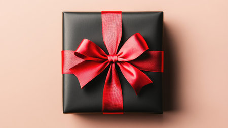 A modern and stylish black gift box with a bold red bow, perfectly captured against a neutral background, symbolizing celebration.の素材
