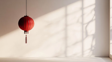 A minimalist approach to Chinese New Year decor, featuring a single red lantern hanging against a light backdrop with a faint shadow.の素材