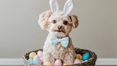 A small dog wearing a cute Easter bunny costume, complete with floppy ears and a pastel-colored bow tie, sitting in a basket filled with colorful eggsの素材