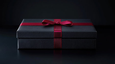 A luxurious black gift box wrapped in a bold red ribbon, placed on a dark surface, exuding elegance and festive charm for Black Friday or special occasions.の素材