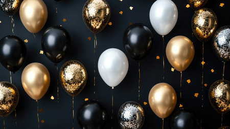 A mix of black, gold, and white balloons against a black backdrop, ideal for creating a festive and stylish atmosphere for Black Friday events.の素材