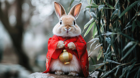 A fluffy rabbit in a cute Chinese New Year costume, complete with a red cloak and lanterns, posing next to a bamboo plant.の素材