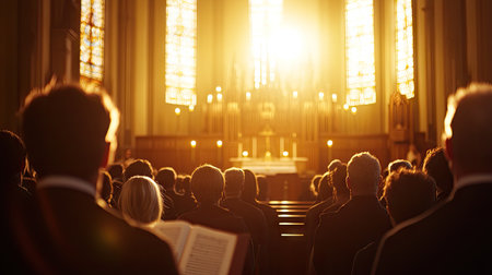 A group of people singing hymns during Easter Sunday service, with a choir leader at the front and soft light filtering through tall church windows.の素材