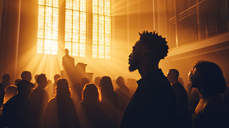 A group of people singing hymns during Easter Sunday service, with a choir leader at the front and soft light filtering through tall church windows.の素材