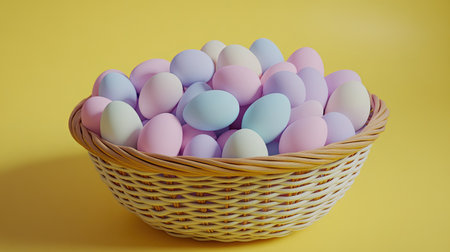 A large basket of Easter eggs in pastel hues of pink, blue, and lavender, set against a cheerful yellow background, with soft shadows and highlights on the eggsの素材