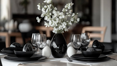 A monochrome Easter table setting with black plates, white napkins, and black ceramic eggs, paired with simple white flowers in a glass vase as a centerpieceの素材