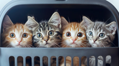 A charming scene featuring four kittens in various colors peeking out from a basket. Their innocent expressions and playful demeanor make this image perfect for animal lovers.の素材