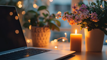 A solo person attending a virtual Easter church service via laptop, sitting in front of a simple Easter-themed background with a lit candle and flowersの素材