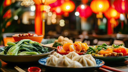 A table set with vegan Chinese New Year dishes, including stir-fried bok choy, dumplings, and colorful fruit, against a background of lanterns.の素材