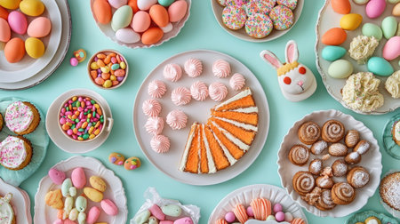 A vibrant Easter dessert table filled with bunny-shaped cookies, carrot cake slices, and candy-filled eggs.の素材
