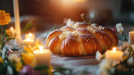 A traditional Easter bread shaped like a cross, with candles and fresh flowers on a table, evoking spiritual celebrationsの素材