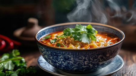 A steaming bowl of vegan wonton soup served in a traditional Chinese porcelain bowl, garnished with cilantro and sesame seeds.の素材