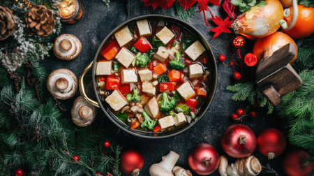 Vegan Chinese New Year hot pot with tofu, mushrooms, and an assortment of fresh vegetables, surrounded by traditional holiday decorations.の素材