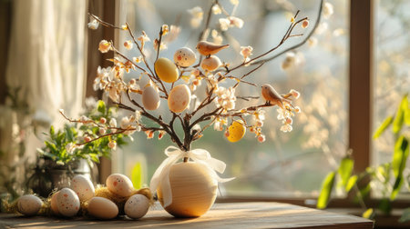 A wooden Easter tree decorated with hand-painted wooden eggs, tiny wooden birds, and delicate ribbons, placed on a wooden table with soft spring lightingの素材